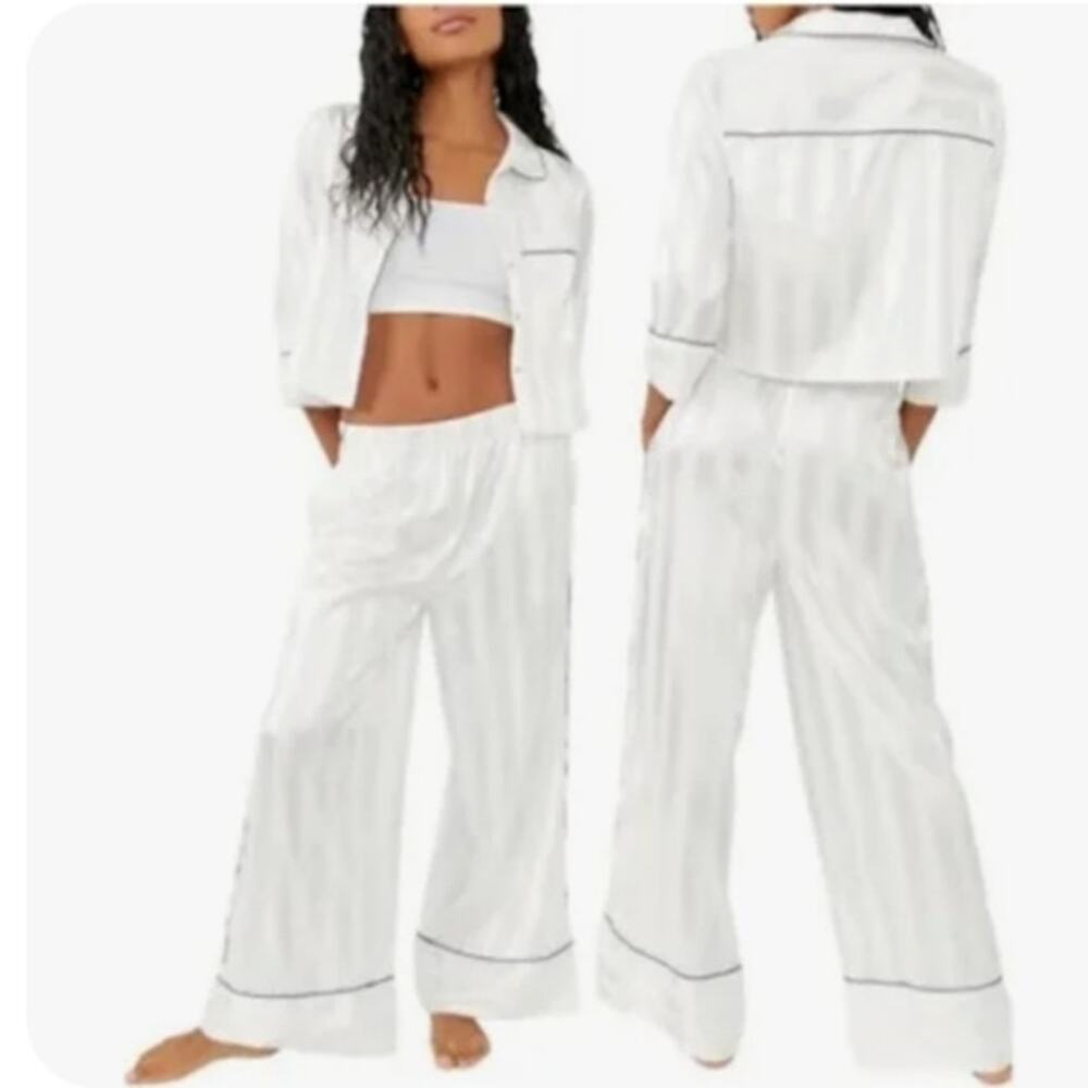 Free People Party Pajama Long Sleeve Satin Wide Leg Matching Set White Large
